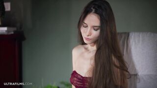 Pretty Hot girl Leona Mia slowly taking off her clothes and masturbating