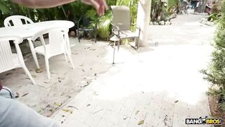 Sexy - Busty Ebony Mystique Caresses Her Enhanced Tits By The Pool While Her Stepson Is Watching