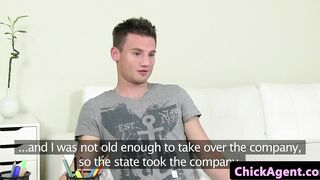 Female casting agent jizzed on hairy pussy