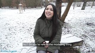 Public Sex Spanish Brunette Flashes Big Natural Tits in the Snow