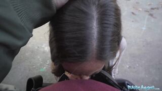 Public Sex British brunette sucks a fat cock outside before fucking
