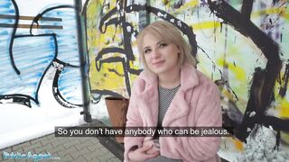 Public Sex Short hair blonde amateur teen with soft natural body picked up as bus stop and fucked in a basement