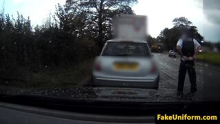 Busty pink hair slut pussyfucks cop in car