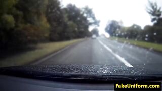 Busty pink hair slut pussyfucks cop in car