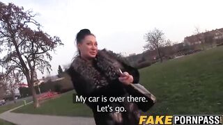 Sexy and cute brunette with big boobs fucked in a car