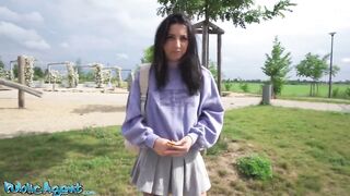 Public Sex - slim natural Italian college student flashes her natural tits and tight ass with sex outdoors