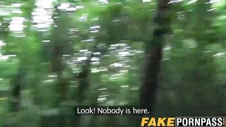 Nasty babe with natural tits rides fat dick in the woods