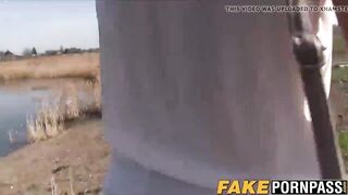 Nerdy brunette rides fat cock outdoor