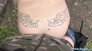 Public Sex Spanish shaven pussy fucked outdoors in public