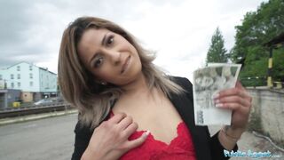 Public Sex - Brunette with dark brown eyes devours a big cock down her throat and pussy