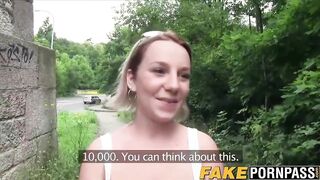 Horny big boobs Sandy Blue rides cock outdoor for money