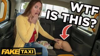 Hot Taxi Brunette babe finds a rubber vagina and offers up her real pussy for free
