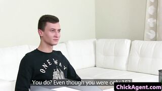 Blonde casting agent sits on clients cock