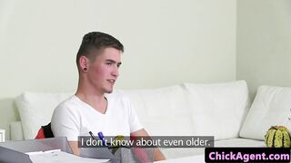 Costumed stockinged agent rides young cock