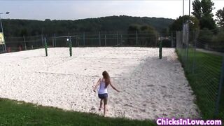 European babe pussylicking outdoors in park