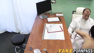 Brunette babe Angie gets pussy owned doggystyle by doctor