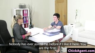 Chick casting agent jerking cock until cum