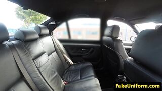 Pulled beauty doggystyled by officer outdoors