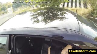 Pulled beauty doggystyled by officer outdoors