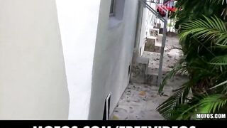 Latina girlfriend licks her man's cock in public