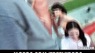 Hottub bikini babes strip and fuck