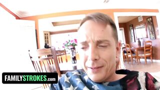Family Strokes - Busty Teen Gets Down On Her Knees And Slobbers On Stepdad's Big Juicy Meat