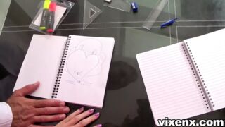 Two teens give English teacher with big cock double blowjob