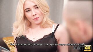 Debt4k. Cute Maria Hurricane hairdresser took a debt for sofa and now needs to pay for it