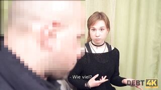 Debt. Teen debtor pays for debt with tender mouth and vagina