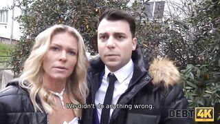 Debt. Curly blonde is enjoying sex while cuckold groom is watching
