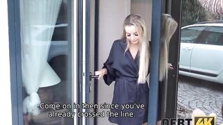 Debt. Stallion is glad to fuck the blonde debtor on the couch