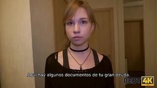 Debt. Young debtor pays debts with tender mouth and vagina