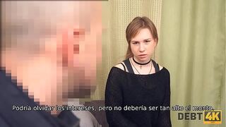 Debt. Pretty girl with a choker satisfies the erection of debt collectors
