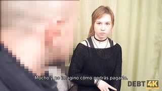 Debt. Pretty girl with a choker satisfies the erection of debt collectors