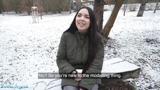 Public Sex Spanish Brunette Flashes Big Natural Tits in the Snow
