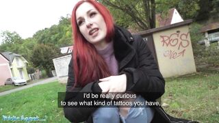 Public Sex Redhead Brit Shows Off Her Pierced Tits Before Basement Fuck Creampie