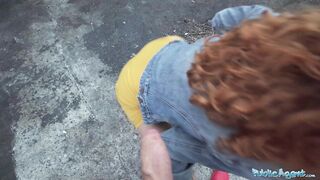 Public Sex Sexy redhead waitress sucks cock and gets fucked doggystyle outside in public