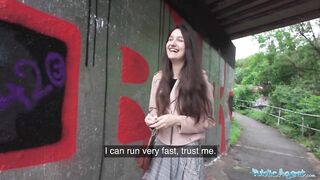 Public Sex - very cute college Teen art student with natural tits studies a big dick outdoors